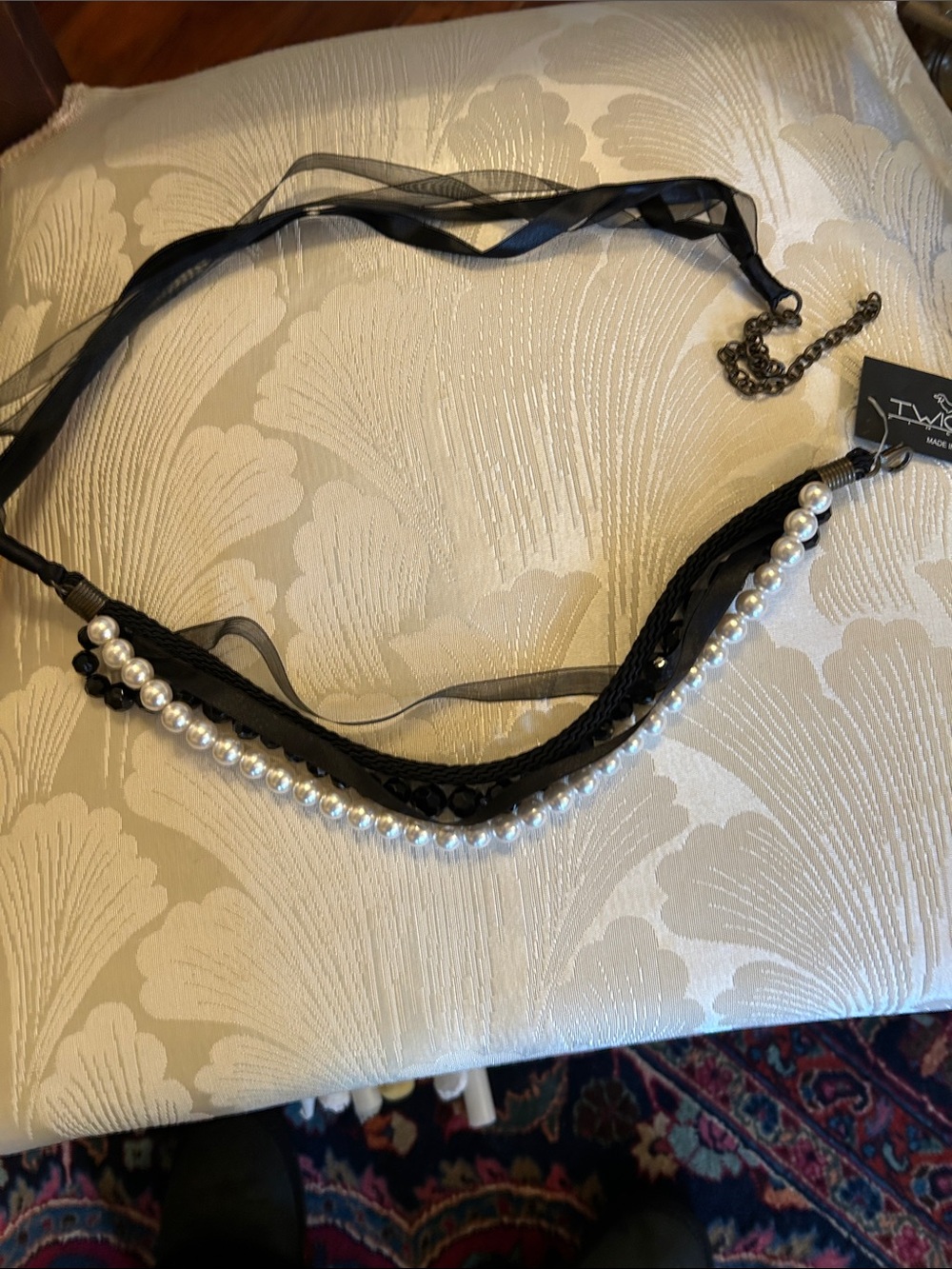 Pearl-Trim Black Ribbon Belt